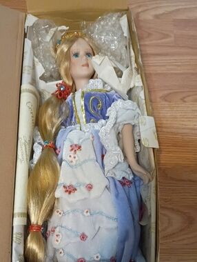 Decorative Porcelain Doll in Lavender and White Lace Dress